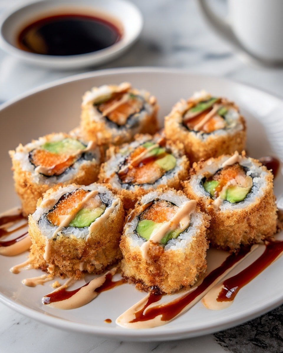 Crispy Fried Salmon & Avocado Sushi Rolls with Spicy Mayo and Sweet Soy Glaze Recipe - Recipe Image — Crispy Fried Salmon & Avocado Sushi Rolls with Spicy Mayo and Sweet Soy Glaze, sushi rolls recipe, crispy salmon sushi, avocado sushi rolls, spicy mayo sushi