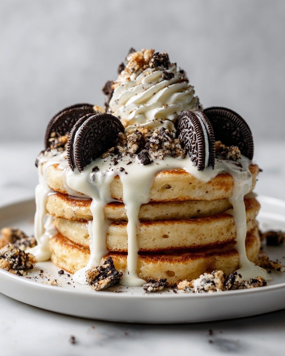 Oreo Pancakes with Cream Cheese Drizzle Recipe - Recipe Image — Oreo Pancakes with Cream Cheese Drizzle, Oreo Pancakes, Breakfast with Oreo, Fluffy Oreo Pancakes, Indulgent Pancake Recipes