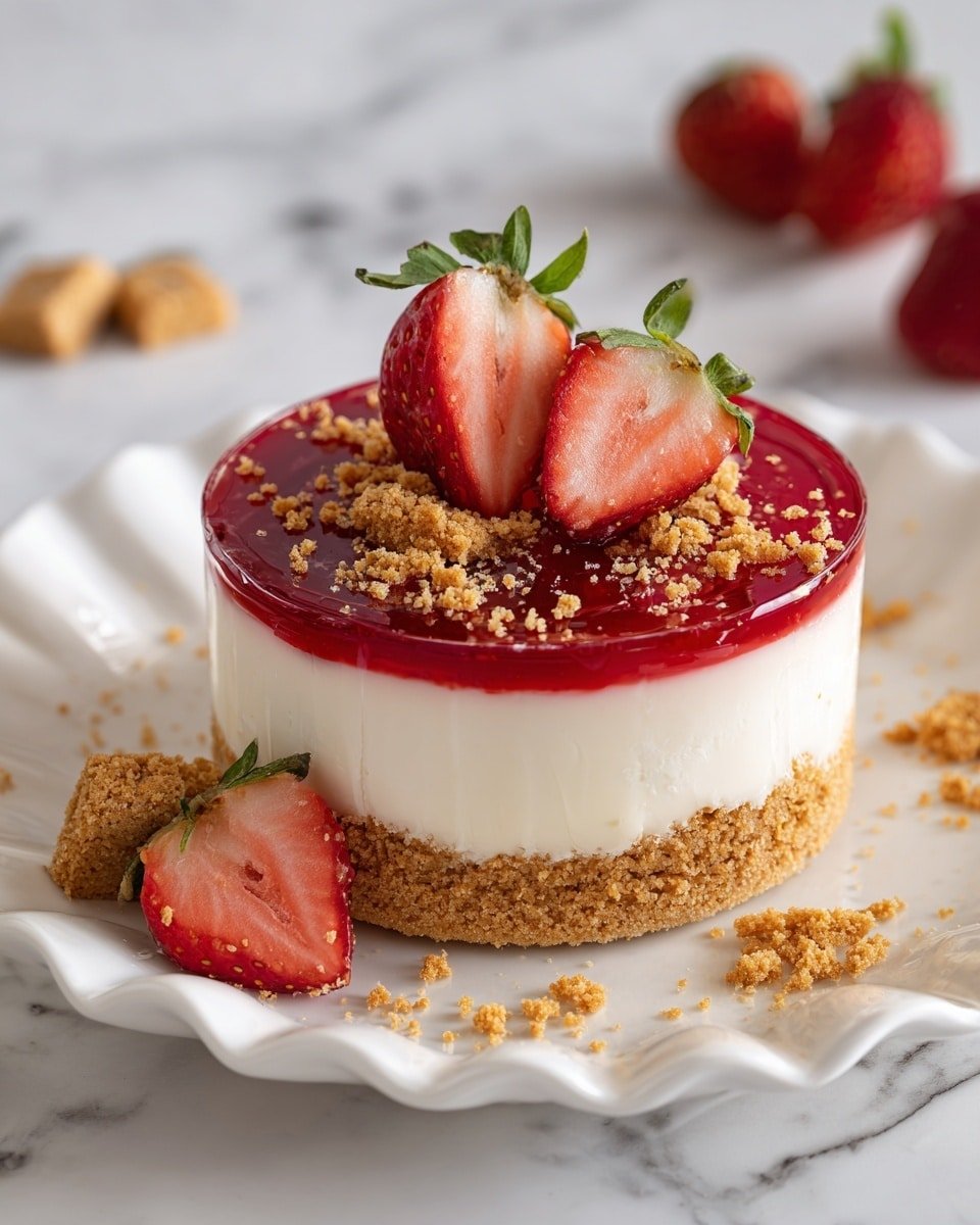 Easy Strawberry Crunch Mini Cheesecake Recipe - Recipe Image — Easy Strawberry Crunch Mini Cheesecake, mini cheesecake recipes, strawberry dessert, no-bake cheesecakes, fruit tartlets
