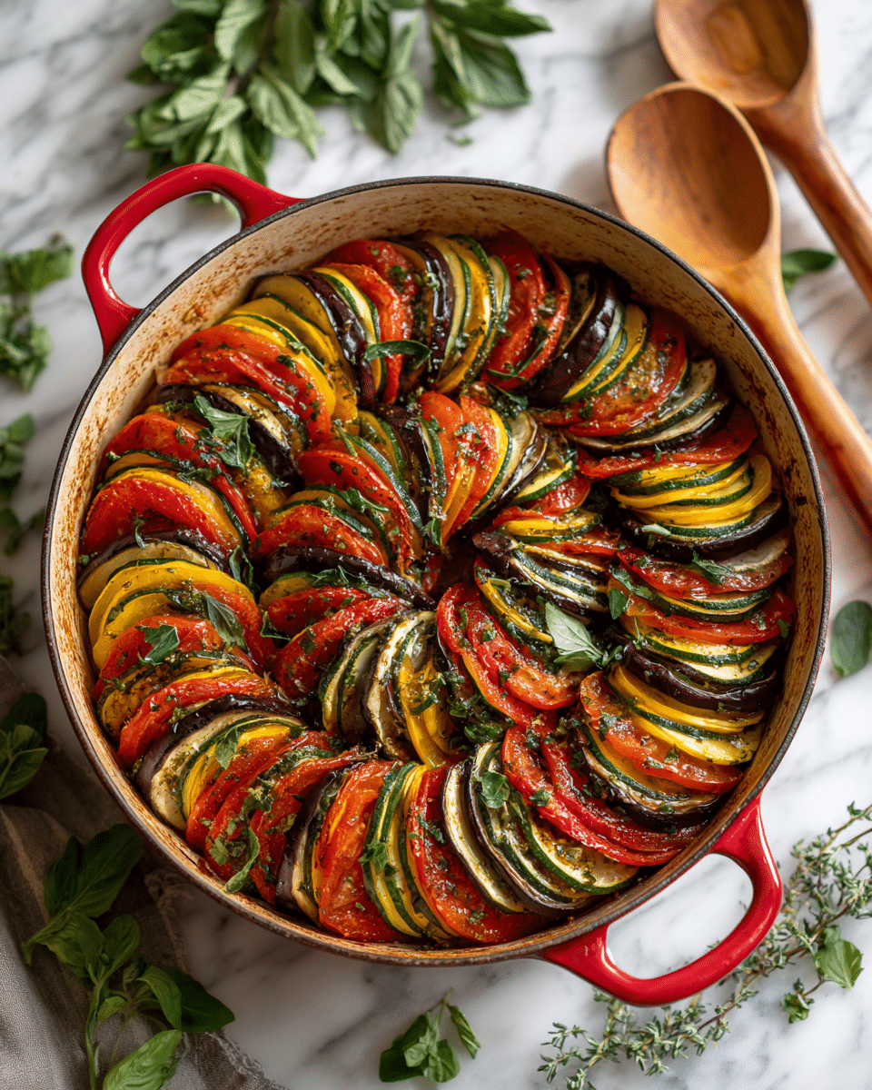 Homemade Classic French Ratatouille Recipe - Recipe Image — Homemade Classic French Ratatouille, French vegetable stew, vegetarian ratatouille, summer vegetable recipe, healthy French dish
