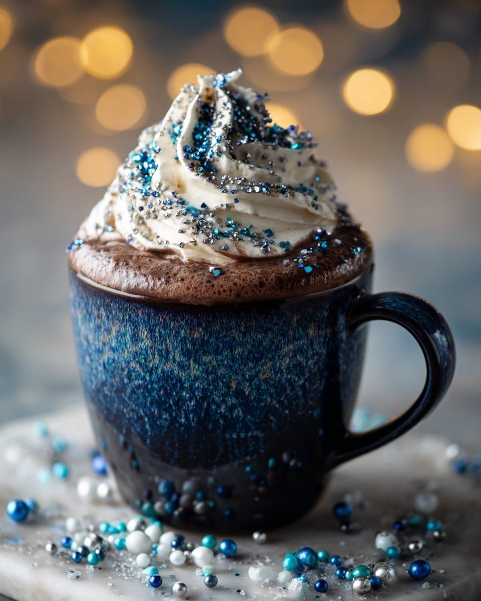 A rich dark brown drink fills a dark blue cup with a handle, topped with a tall swirl of white whipped cream that rises above the rim. The whipped cream is decorated with sparkling blue and silver sugar crystals. The cup sits on a white marbled surface scattered with small blue, white, and silver round sprinkles and sugar crystals. The background is blurred warm golden bokeh lights, creating a cozy feeling. Photo taken with an iphone --ar 4:5 --v 7 — Frostbite Blue Christmas Cocoa, blue hot chocolate, festive holiday drinks, white hot chocolate recipe, winter beverage ideas