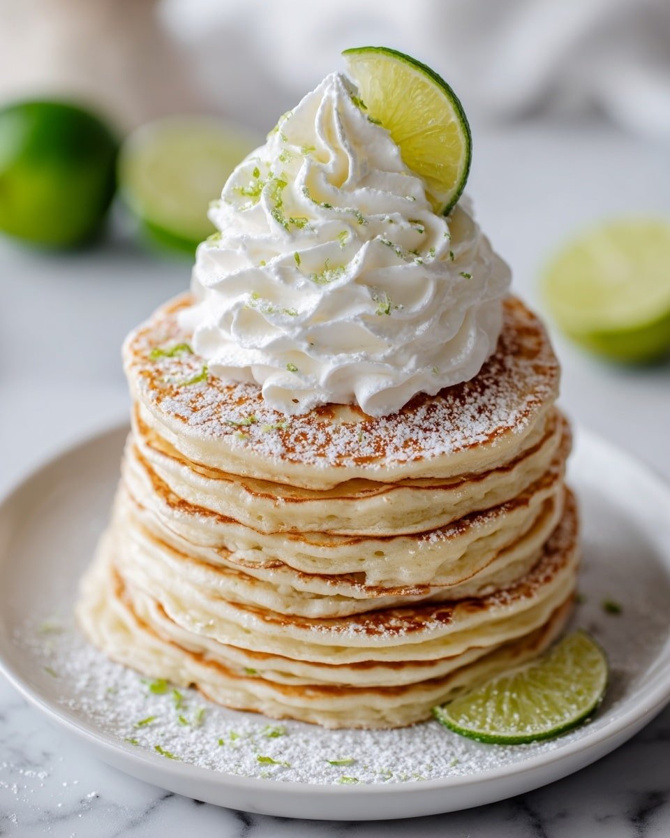 Delightful Key Lime Pie Pancakes with Whipped Cream Topping Recipe - Recipe Image — Key Lime Pie Pancakes Fluffy Breakfast with Whipped Cream, Key Lime Pie Pancakes Bright Zesty Morning Treat, Key Lime Pie Pancakes Easy Summer Brunch Idea, Key Lime Pie Pancakes Delicious Lime Flavor, Key Lime Pie Pancakes Tangy Sweet Breakfast Dish