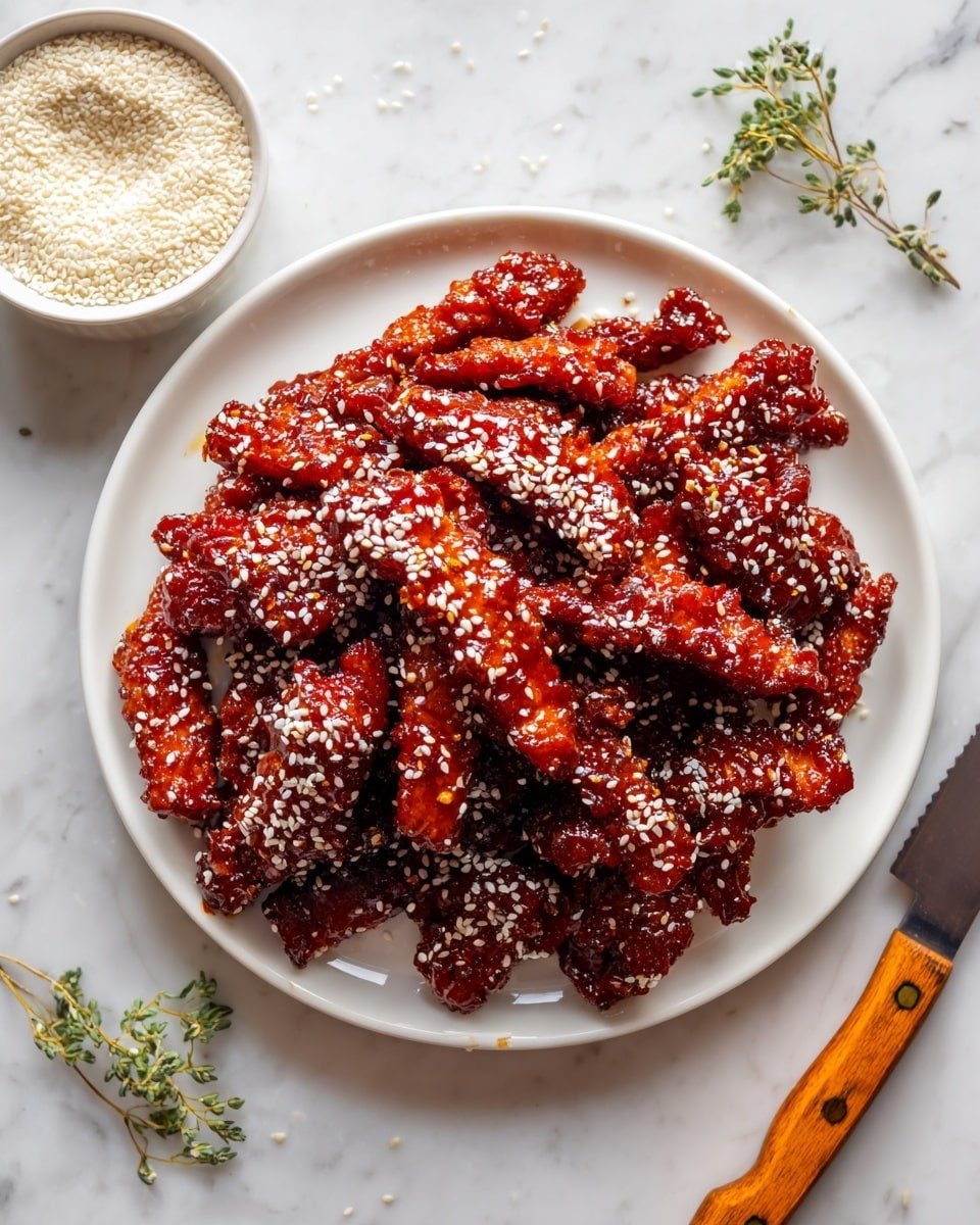 A white plate holds a pile of dark red glazed chicken strips, each coated with a thick shiny sauce and sprinkled evenly with white sesame seeds. To the left of the chicken pieces is a small white bowl filled with plain white sesame seeds. The plate rests on a white marbled surface with some green herb sprigs scattered around. A knife with a wooden handle lies to the right side of the plate. The overall look is rich in color with a contrast of dark red chicken against the white plate and sesame seeds. Photo taken with an iphone --ar 4:5 --v 7 — Gochujang Chicken Tenders, spicy chicken tenders, Korean-inspired chicken, crispy chicken recipes, easy chicken tenders