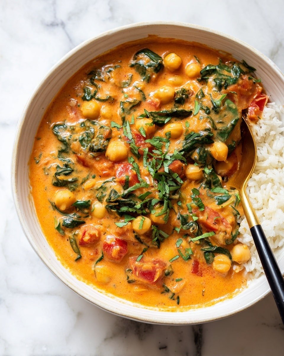 The image shows a white bowl filled with a thick curry consisting of three main visible layers: a rich, reddish-orange creamy sauce with a smooth and slightly oily texture covering most of the dish; small, round, pale beige chickpeas scattered evenly throughout; and pieces of soft vegetables including dark green leafy bits and diced tomatoes giving bright red spots. Garnished with fresh green chopped herbs sprinkled all over, a gold and black spoon is partially submerged on the right side of the bowl, resting on the curry. The background features a white marbled textured surface. photo taken with an iphone --ar 4:5 --v 7 — Spicy Baked Zucchini Chickpea Curry, healthy vegetarian curry, easy vegan dinner, comforting vegetable curry, flavorful baked zucchini recipe