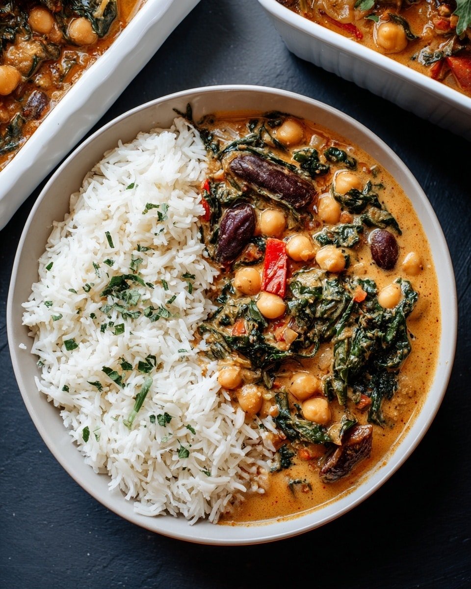A round white plate holds two sections: on the left, a bed of fluffy white rice sprinkled with small pieces of green herbs, and on the right, a thick stew with a creamy orange-brown sauce. The stew contains chickpeas, red pepper chunks, pieces of dark green leafy vegetables, and darker brown slices that look like cooked mushrooms or eggplants. Bright green herb bits are scattered on top of the stew, adding a fresh touch. The plate sits on a dark surface, and a white rectangular dish with more stew is partially visible in the top right corner. photo taken with an iphone --ar 4:5 --v 7 — Spicy Baked Zucchini Chickpea Curry, healthy vegetarian curry, easy vegan dinner, comforting vegetable curry, flavorful baked zucchini recipe