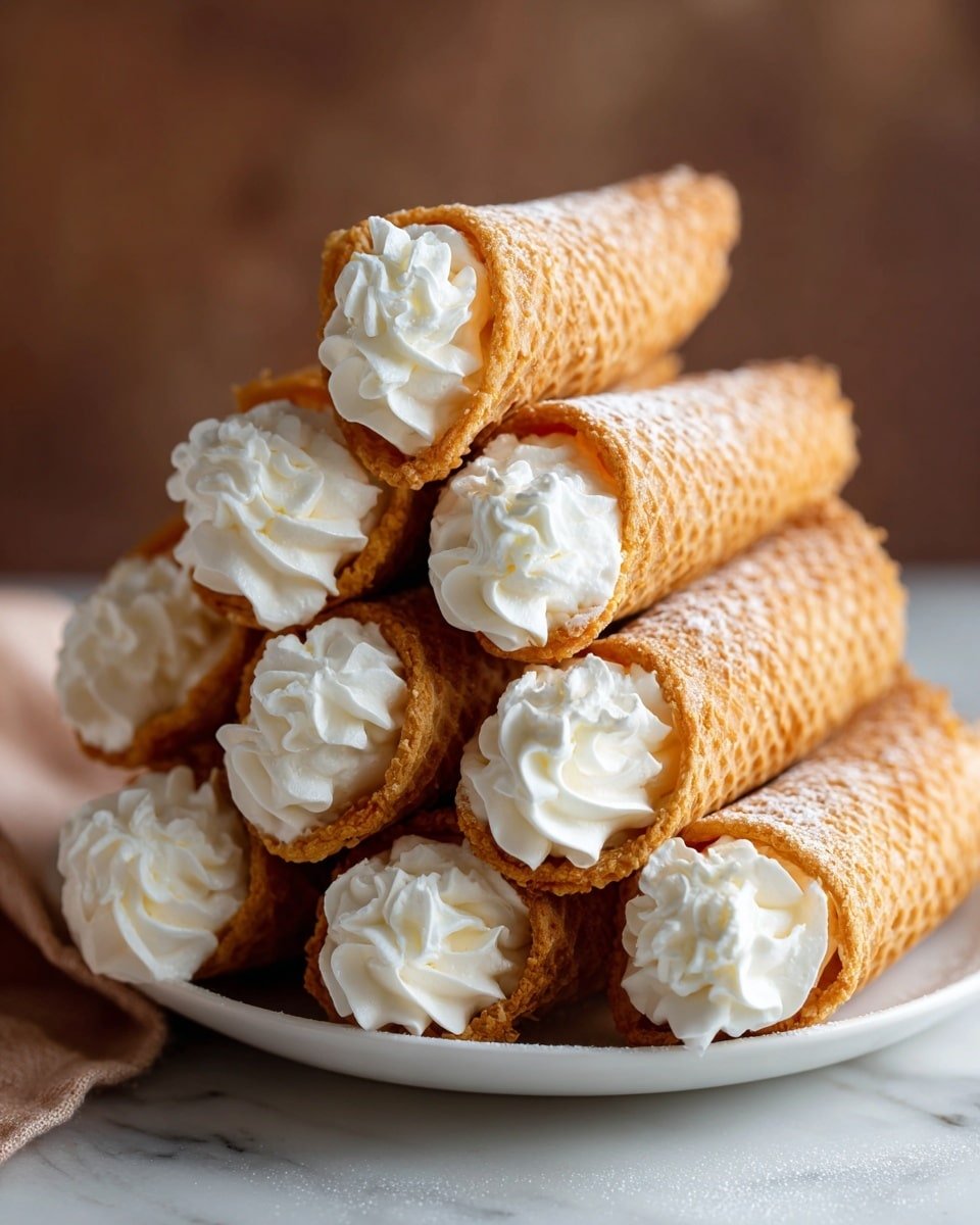In the image, there are three brown rolled cakes placed side by side on top of white whipped cream dollops arranged in a circle. The cakes are dusted with dark brown cocoa powder evenly across the top and sides. The layers consist of the smooth, rolled cake outer layer with the white whipped cream peeking out from each end. This dessert is served on a transparent, textured plate with a white marbled surface underneath. A beige textured cloth is partially visible next to the plate. Photo taken with an iphone --ar 4:5 --v 7 — Sweet Cannelloni tiramisu, Italian dessert ideas, tiramisu inspired bites, no-bake dessert recipes, crispy cannelloni dessert