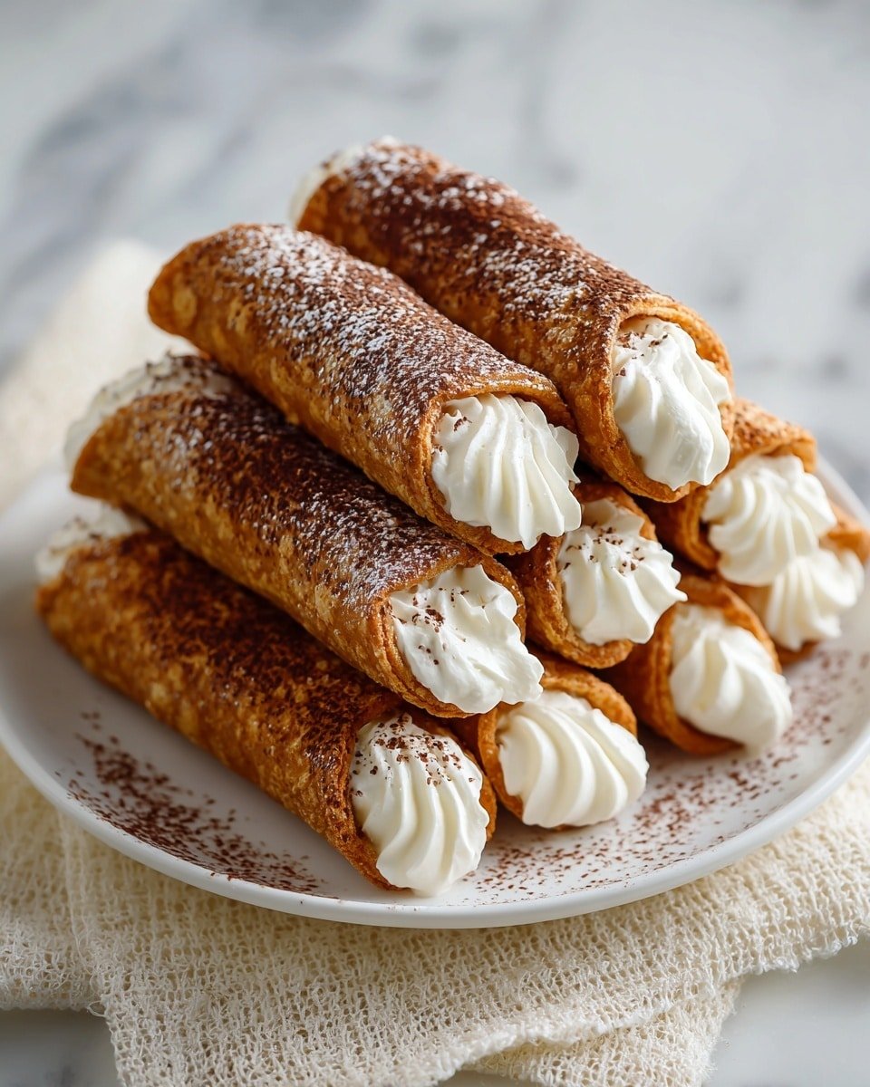 A white plate holds a pyramid stack of 14 golden brown rolled wafer cookies, each filled with white whipped cream that slightly spills out at both ends, showing soft, swirled peaks. The plate sits on a white marbled surface with a blurred brown background. The texture of the wafer is crisp and crunchy, contrasting the smooth and creamy filling. Photo taken with an iphone --ar 4:5 --v 7 — Sweet Cannelloni tiramisu, Italian dessert ideas, tiramisu inspired bites, no-bake dessert recipes, crispy cannelloni dessert