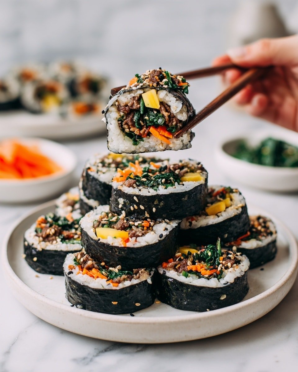 Kimbap (Korean Seaweed Rice Rolls) Recipe - Recipe Image — Kimbap Korean Seaweed Rice Rolls, Korean Sushi Rolls, Korean lunchbox ideas, easy Korean kimbap, healthy Korean snack