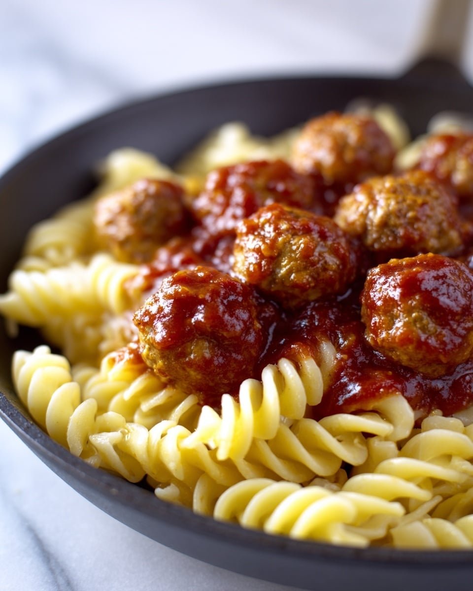This image shows a close-up of a black pan filled with twisted rotini pasta at the base, which is a light golden color and mixed with an orange sauce. On top are many round meatballs that are browned and covered with melted orange and white cheese. The cheese is smooth and slightly bubbly, stretching over the meatballs and pasta. Small bits of green herbs are scattered over the whole dish, adding bright color contrasts. The focus is sharp on the center, showing texture on the meatballs, cheese, and pasta very clearly. Photo taken with an iphone --ar 4:5 --v 7 — One-Pot Smoky BBQ Meatball Pasta, smoky BBQ meatball pasta recipe, easy meatball pasta dinner, hearty one-pot pasta, cheesy BBQ pasta dish