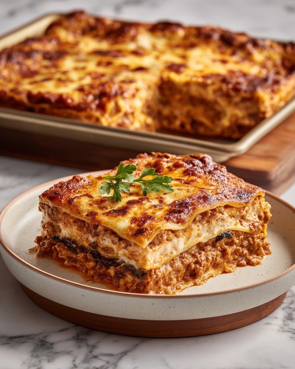 Indulgent Classic Greek Eggplant Moussaka Recipe - Recipe Image — Indulgent Greek Eggplant Moussaka, Greek Moussaka recipe, classic eggplant casserole, Mediterranean eggplant bake, authentic Greek moussaka