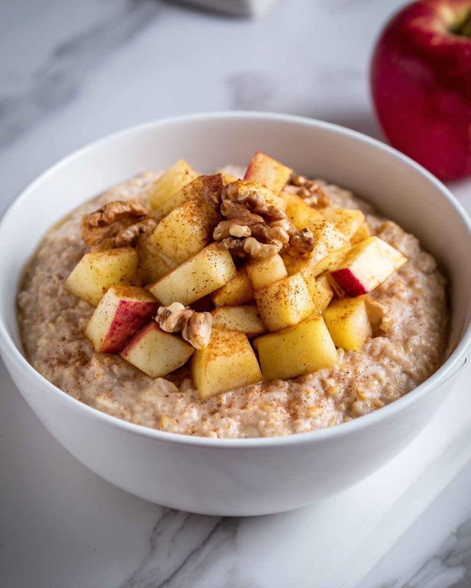 Apple Cinnamon Oatmeal with Walnuts and Maple Recipe - Recipe Image — Apple Cinnamon Oatmeal with Walnuts and Maple, cozy breakfast recipes, healthy breakfast ideas, autumn breakfast recipes, warm oatmeal with nuts and fruit