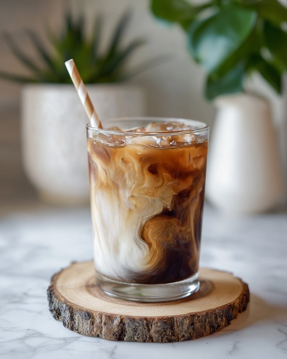 A clear glass filled with an iced coffee drink showing three layers: a thick white milk layer at the bottom, a swirling mix of milk and coffee in the middle with a light brown color, and a darker brown coffee layer on the top with visible ice cubes and light foam. The glass sits on a round wooden slice with bark around the edge, placed on a white marbled surface. A white and brown striped straw is in the glass, leaning slightly to the left. In the blurred background, there are green plants and a white pot. photo taken with an iphone --ar 4:5 --v 7 — Hojicha Latte, roasted green tea latte, iced Hojicha latte, hot Hojicha latte, easy tea latte recipes