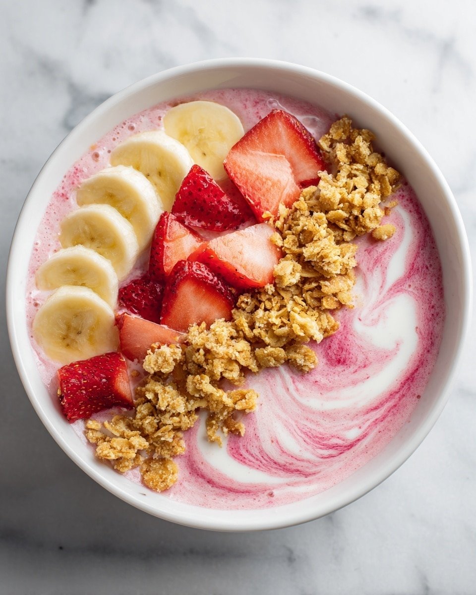 Strawberry Banana Smoothie Bowl Recipe - Recipe Image — Strawberry Banana Smoothie Bowl, healthy breakfast, easy smoothie bowl, vegan snack, fruit bowl recipe