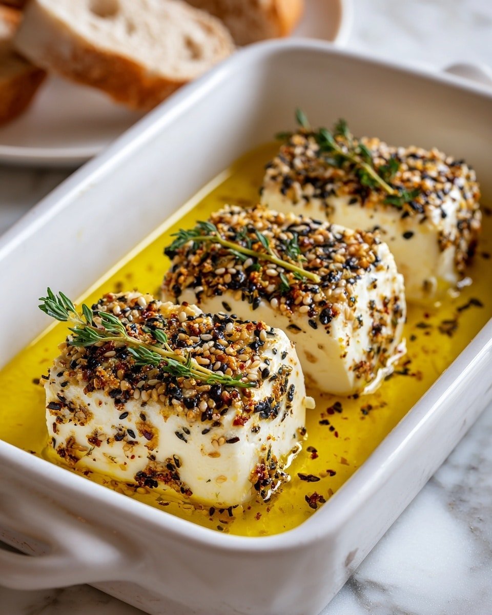 Three thick white blocks of soft cheese sit side by side in a white baking dish filled with golden yellow oil. Each cheese block is topped with a mix of black and white sesame seeds, tiny crumbs, and a light brown sprinkle. A sprig of green herbs lies on top crossing two of the blocks. The cheese edges show slight browning, and the dish has some light brown toasted marks. The background is a white marbled surface with some bread pieces blurred in the distance. Photo taken with an iphone --ar 4:5 --v 7 — Albanian Baked Feta with Honey and Sesame Seeds, baked feta cheese appetizer, honey sesame feta, Mediterranean baked cheese dish, easy feta appetizer