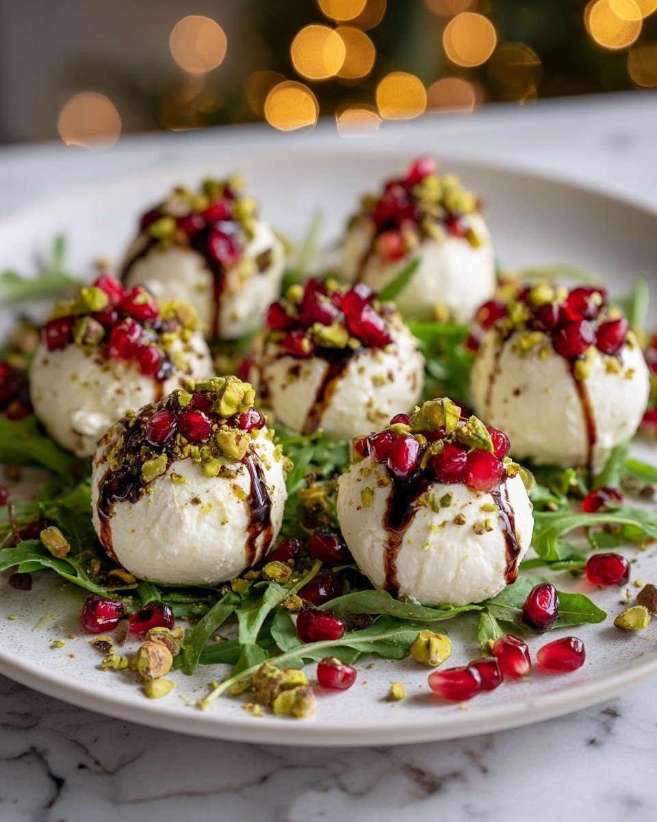 A white plate holds seven round white cheese balls sitting on a bed of dark green arugula leaves. Each cheese ball is topped with bright red pomegranate seeds and small pieces of chopped green pistachios, with a drizzle of dark brown balsamic glaze running down the sides. More pomegranate seeds and crushed pistachios are scattered around the plate. The plate is set on a white marbled surface with warm blurry lights in the background. photo taken with an iphone --ar 4:5 --v 7 — Burrata Balls with Pomegranate, Pine Nuts, and Basil, easy appetizer with burrata and pomegranate, fresh garnish recipes, quick party appetizers, simple Italian appetizer