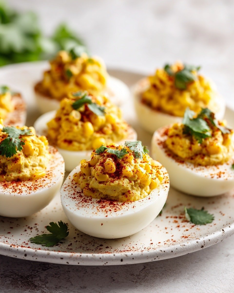 This image shows six deviled eggs arranged on a white plate with a speckled edge on a white marbled surface. Each egg half forms the bottom layer, smooth and white, hollowed to hold a creamy yellow filling mixed with bright yellow corn kernels, forming a rough, slightly rounded top layer. The filling is sprinkled with red paprika powder, adding a textured, dusty look on the edges and some green cilantro leaves scattered over each egg, bringing a fresh, leafy texture. The background is softly blurred with neutral light, focusing on the eggs in the front. photo taken with an iphone --ar 4:5 --v 7 — Spicy Mexican Deviled Eggs, Mexican Deviled Eggs, Spicy Deviled Eggs, Easy Mexican Appetizer, Party Egg Recipe