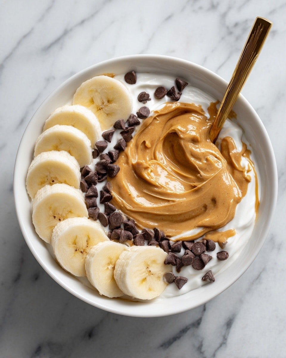 A white bowl filled with a base layer of white creamy yogurt, topped with a generous swirl of light brown peanut butter spread in the center, surrounded by several slices of fresh banana arranged along the inner edge of the bowl on one side. Scattered across the yogurt and peanut butter are small, dark brown chocolate chips. A gold spoon is placed inside the bowl. The bowl sits on a white marbled surface. photo taken with an iphone --ar 4:5 --v 7 — Dreamy Peanut Butter Yogurt Bowl, healthy breakfast bowl, protein-packed yogurt snack, creamy peanut butter yogurt, quick wholesome breakfast