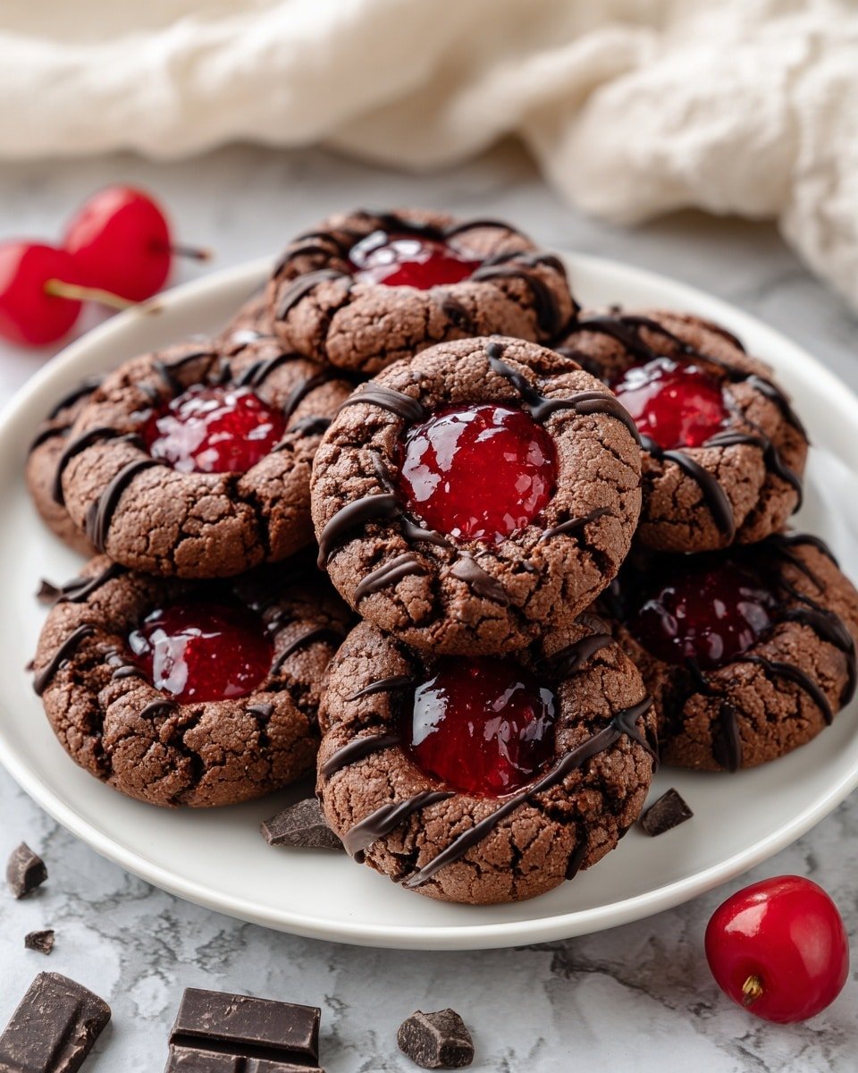 Chocolate Cherry Thumbprint Cookies Recipe - Recipe Image — Chocolate Cherry Thumbprint Cookies, Cherry Jam Cookies, Cocoa Thumbprint Cookies, Easy Holiday Cookies, Delicious Fruit-filled Cookies