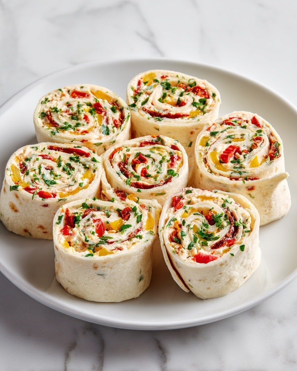 The image shows a close-up of several spiral wraps placed on a round white plate set on a white marbled surface. Each wrap has about three visible layers: the outer white tortilla is soft with slight brown spots, the middle layer is filled with small pieces of red and yellow peppers, green herbs, and sun-dried tomatoes that add a rich mix of red, green, and yellow colors inside the spiral. The wraps are tightly rolled, and the chopped herbs are also sprinkled on top, giving a fresh, textured look. The overall presentation is neat, colorful, and fresh-looking. Photo taken with an iphone --ar 4:5 --v 7 — Pepper Jelly & Cream Cheese Pinwheels, easy appetizer recipes, party snack ideas, quick party bites, creamy pepper jelly pinwheels