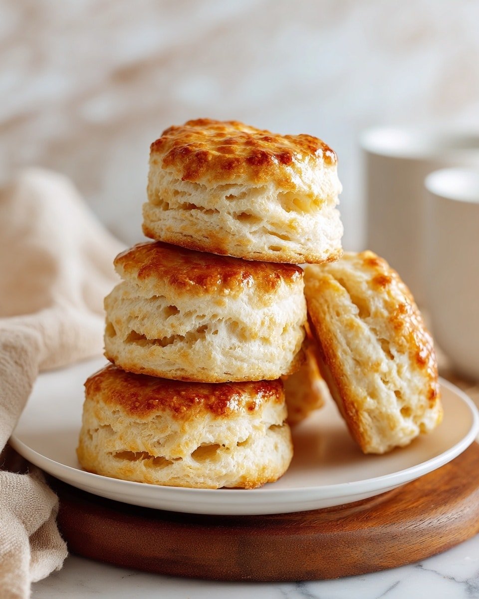 The image shows a stack of six golden-brown layered biscuits on a white plate. The biscuits have a flaky, textured surface with visible layers and a shiny top crust. There are two wider biscuits at the bottom with a slightly rough texture, and four more biscuits are stacked on top in a pyramid style. The plate is placed on a round wooden board, and the background shows a soft blurred white marbled surface. Some red and white objects are softly blurred in the background, adding a cozy feel to the scene. Photo taken with an iphone --ar 4:5 --v 7 — Homemade Biscuits, flaky biscuit recipe, buttery biscuits, easy biscuit recipe, breakfast biscuits
