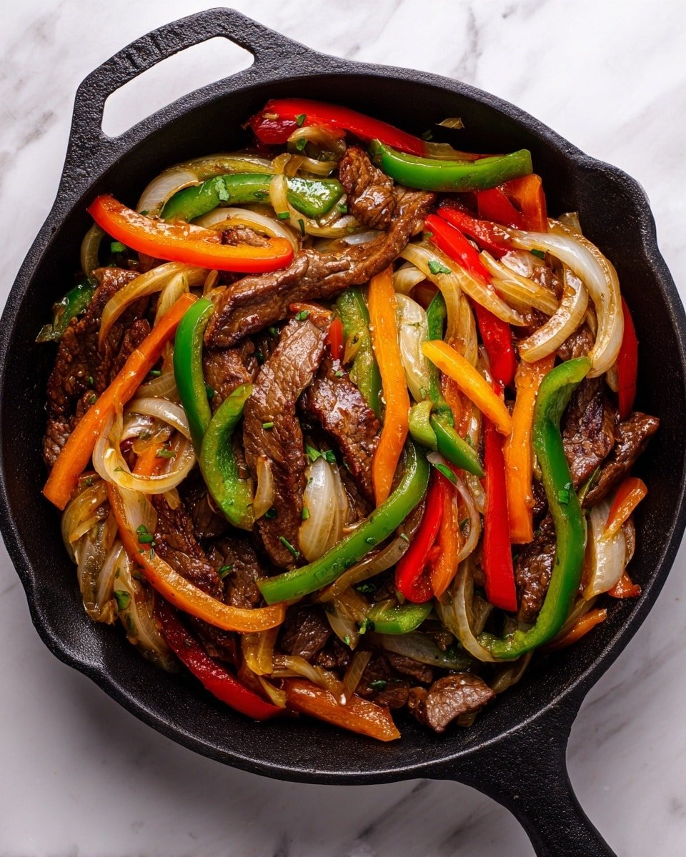 Easy Pepper Steak Recipe - Recipe Image — Easy Pepper Steak, quick stir-fry recipes, beef and bell peppers, easy weeknight dinner, savory steak dishes