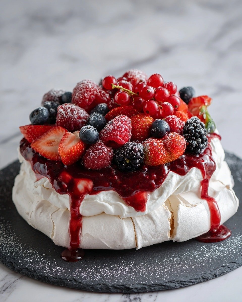 Berry Pavlova Recipe - Recipe Image — Berry Pavlova, easy berry pavlova, fruit pavlova, meringue dessert, elegant summer dessert