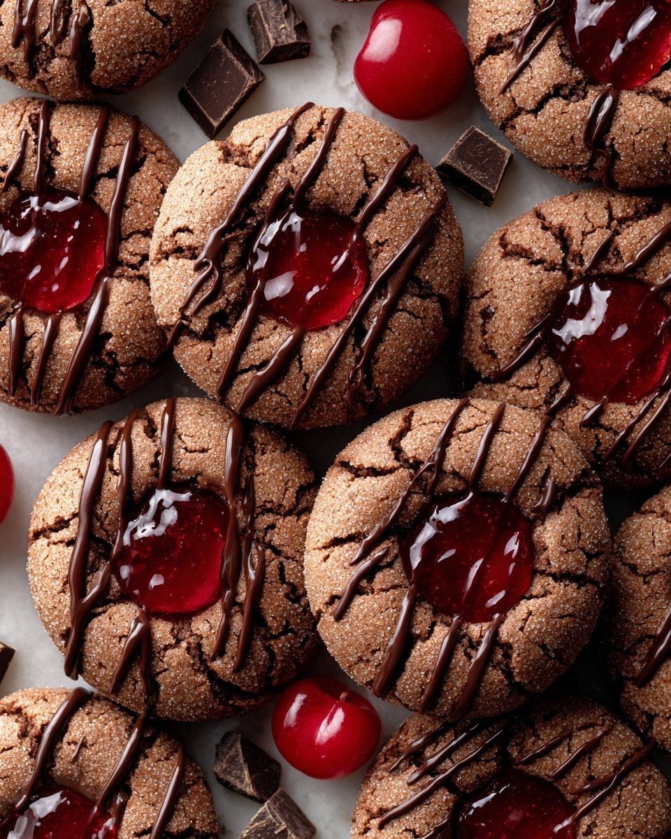Chocolate Cherry Thumbprint Cookies Recipe - Recipe Image — Chocolate Cherry Thumbprint Cookies, Cherry Jam Cookies, Cocoa Thumbprint Cookies, Easy Holiday Cookies, Delicious Fruit-filled Cookies