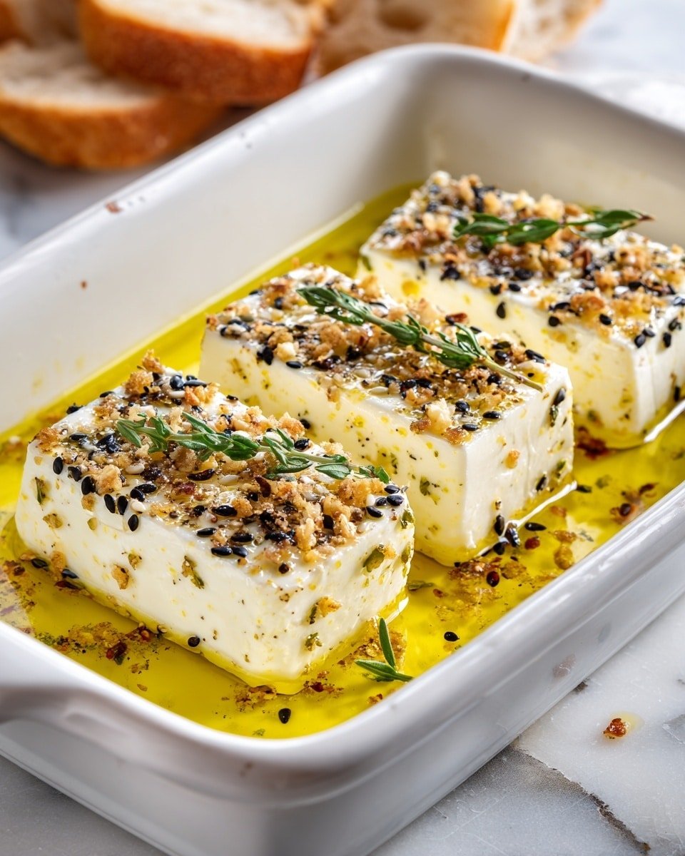 The image shows a white rectangular baking dish with two thick white cheese blocks inside, covered with a golden-brown toasted seasoning mix including sesame seeds and black pepper specks, with a little pool of olive oil around them. On top, a small green thyme sprig lies diagonally brightening the dish. The dish is placed on a white marbled surface, sprinkled with small bread crumbs and sesame seeds. In the background, part of a glass container with yellow olive oil is visible, along with a blurred green herb. A piece of crusty bread is slightly seen on the lower left corner. Photo taken with an iphone --ar 4:5 --v 7 — Albanian Baked Feta with Honey and Sesame Seeds, baked feta cheese appetizer, honey sesame feta, Mediterranean baked cheese dish, easy feta appetizer