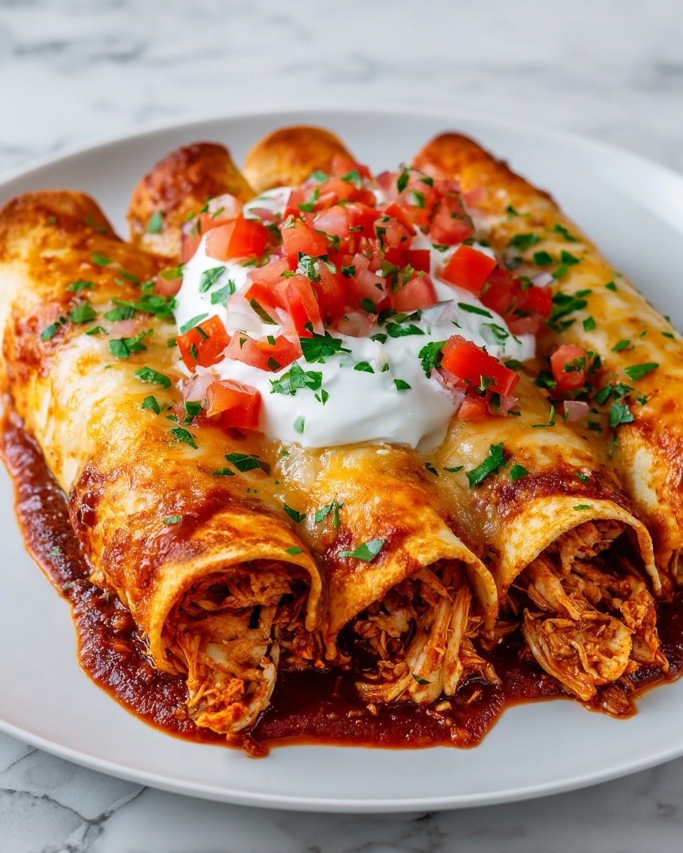 A white plate holds six rolled tortillas filled with shredded, cooked chicken that is a light brown color with a slightly dry texture. The tortillas are golden brown with darker browned spots, covered partly in melted yellow and white cheese with a bubbled, crispy texture on top. On the top center of the stack, there is a dollop of smooth, white sour cream, and over that, a chunky bright red salsa with diced tomato pieces and chopped green herbs sprinkled all over the dish. The plate is set on a surface with white marbled texture. Photo taken with an iphone --ar 4:5 --v 7 — Easy Baked Chicken Taquitos, crispy baked chicken taquitos, quick chicken taquitos, healthy baked taquitos, simple taquitos recipe
