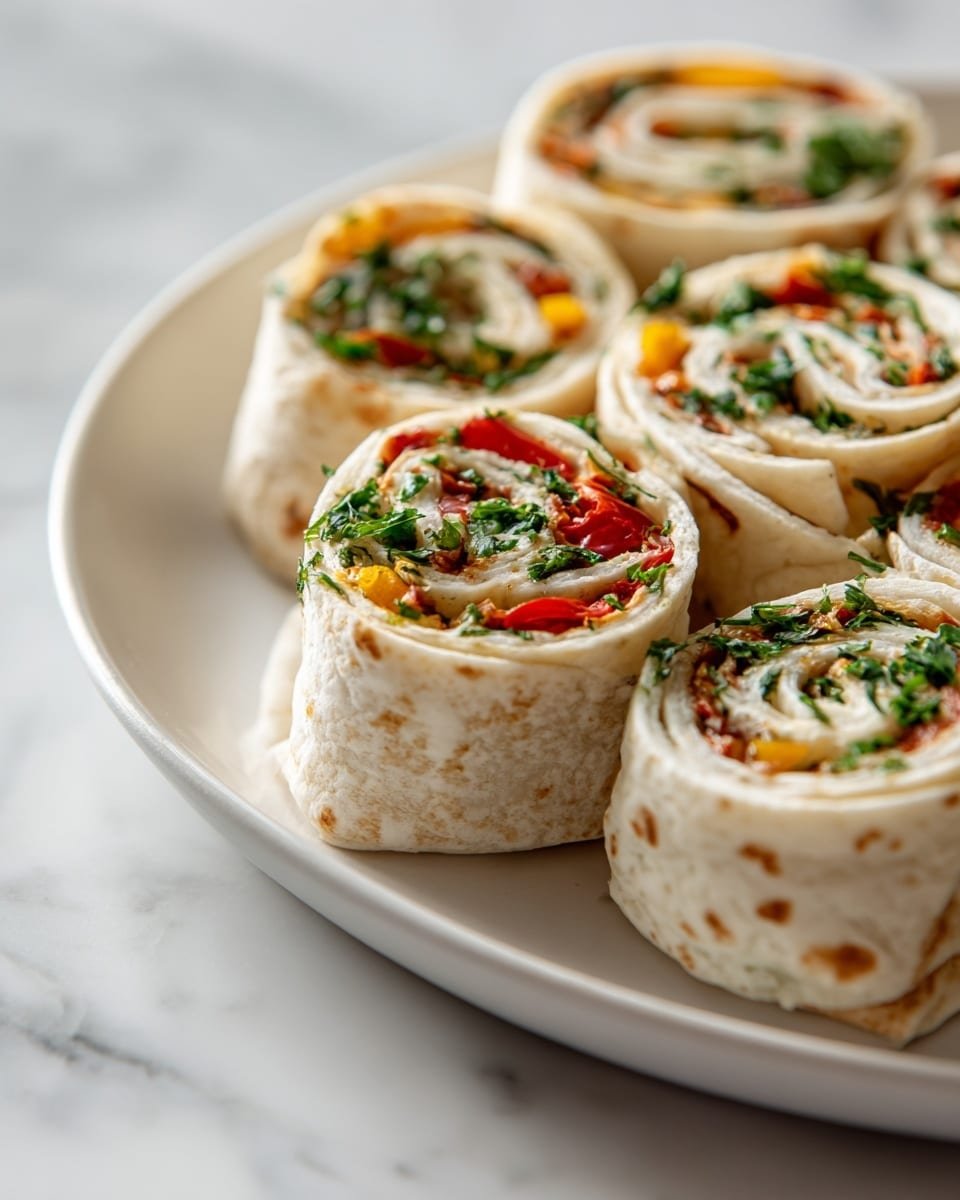 The image shows a white plate with seven pinwheel sandwiches made of soft, white tortilla wraps. Each wrap is rolled tightly and cut into thick slices, revealing layers inside that include a cream cheese spread base, with bright red sun-dried tomatoes, small diced yellow and red bell peppers, and finely chopped green herbs scattered throughout. The colors contrast well, with the white tortillas and cheese making the vibrant reds, yellows, and greens stand out. The plate is set on a white marbled surface, giving a clean and fresh look. Photo taken with an iphone --ar 4:5 --v 7 — Pepper Jelly & Cream Cheese Pinwheels, easy appetizer recipes, party snack ideas, quick party bites, creamy pepper jelly pinwheels