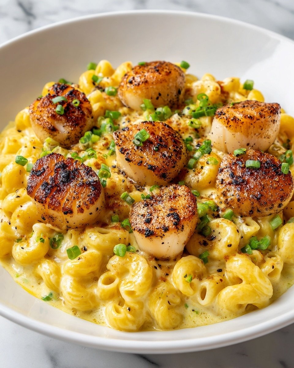 A white plate holds a creamy mac and cheese base with small, curved pasta covered in a smooth, yellow cheese sauce. On top, several golden-brown grilled scallops with a slightly crispy outer layer are placed evenly. The scallops have a light char with small black pepper specks scattered on them. Fresh chopped green onions are sprinkled over the entire dish, adding a bright touch of green. The background is a white marbled texture. photo taken with an iphone --ar 4:5 --v 7 — Crockpot Honey Pepper Chicken Mac and Cheese, slow cooker chicken and cheese casserole, easy chicken mac and cheese recipe, cheesy crockpot pasta dish, flavorful chicken and macaroni dinner