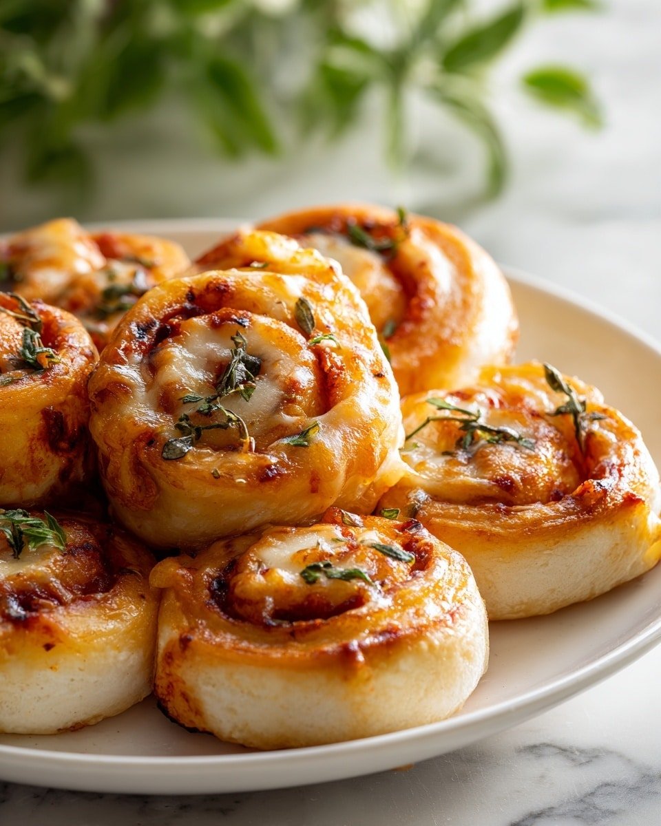The image shows a close-up of many small spiral rolls arranged closely on a white plate. Each roll has about three layers of light golden dough wrapped around a reddish-brown tomato sauce layer with melted, slightly browned cheese on top. Small green herb pieces are sprinkled over the rolls, adding a fresh touch. The rolls have a soft, slightly crispy texture on the outer edges and look warm and freshly baked. The plate sits on a white marbled table, and some green leaves are blurred in the background. Photo taken with an iphone --ar 4:5 --v 7 — Tortilla Pizza Rolls, easy pizza snack, quick dinner ideas, cheesy roll-ups, kid-friendly party snacks