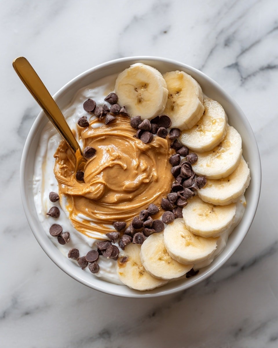 A white bowl filled with swirled white and light brown creamy yogurt layers, topped with a row of six thick banana slices on one side, a curved line of small dark chocolate chips next to the bananas, and a spoon resting on the right side holding a smooth dollop of light brown peanut butter that blends slightly into the yogurt mix, all set on a white marbled surface photo taken with an iphone --ar 4:5 --v 7 — Dreamy Peanut Butter Yogurt Bowl, healthy breakfast bowl, protein-packed yogurt snack, creamy peanut butter yogurt, quick wholesome breakfast