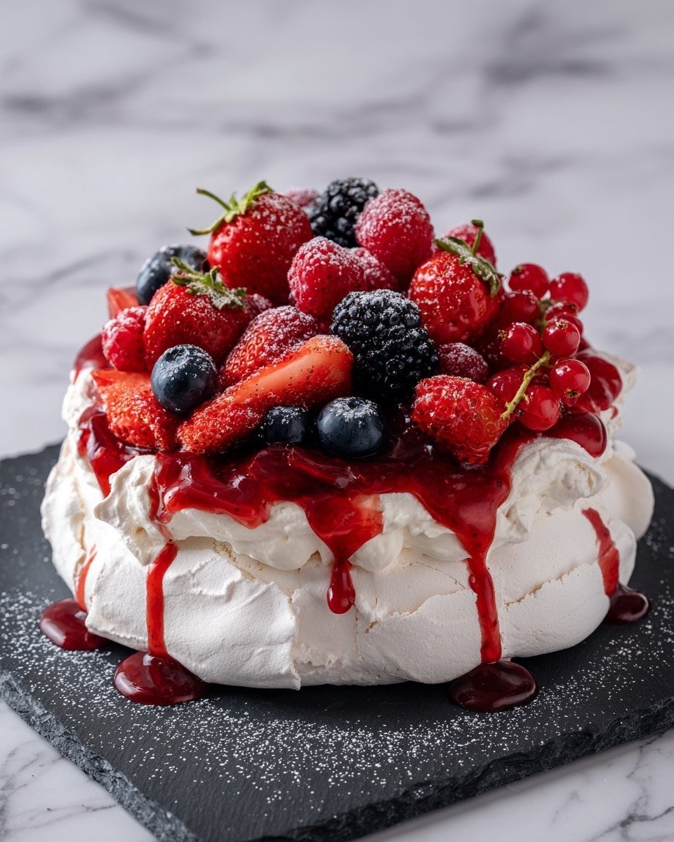 Berry Pavlova Recipe - Recipe Image — Berry Pavlova, easy berry pavlova, fruit pavlova, meringue dessert, elegant summer dessert