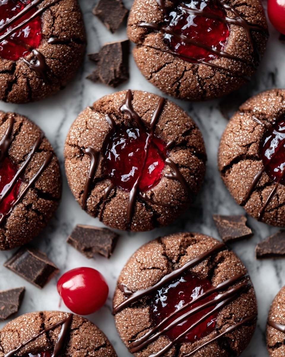 Chocolate Cherry Thumbprint Cookies Recipe - Recipe Image — Chocolate Cherry Thumbprint Cookies, Cherry Jam Cookies, Cocoa Thumbprint Cookies, Easy Holiday Cookies, Delicious Fruit-filled Cookies