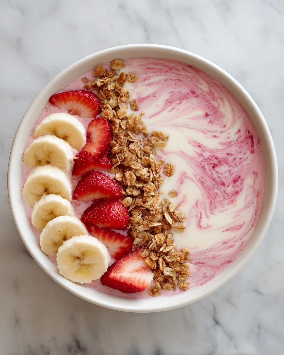 Strawberry Banana Smoothie Bowl Recipe - Recipe Image — Strawberry Banana Smoothie Bowl, healthy breakfast, easy smoothie bowl, vegan snack, fruit bowl recipe