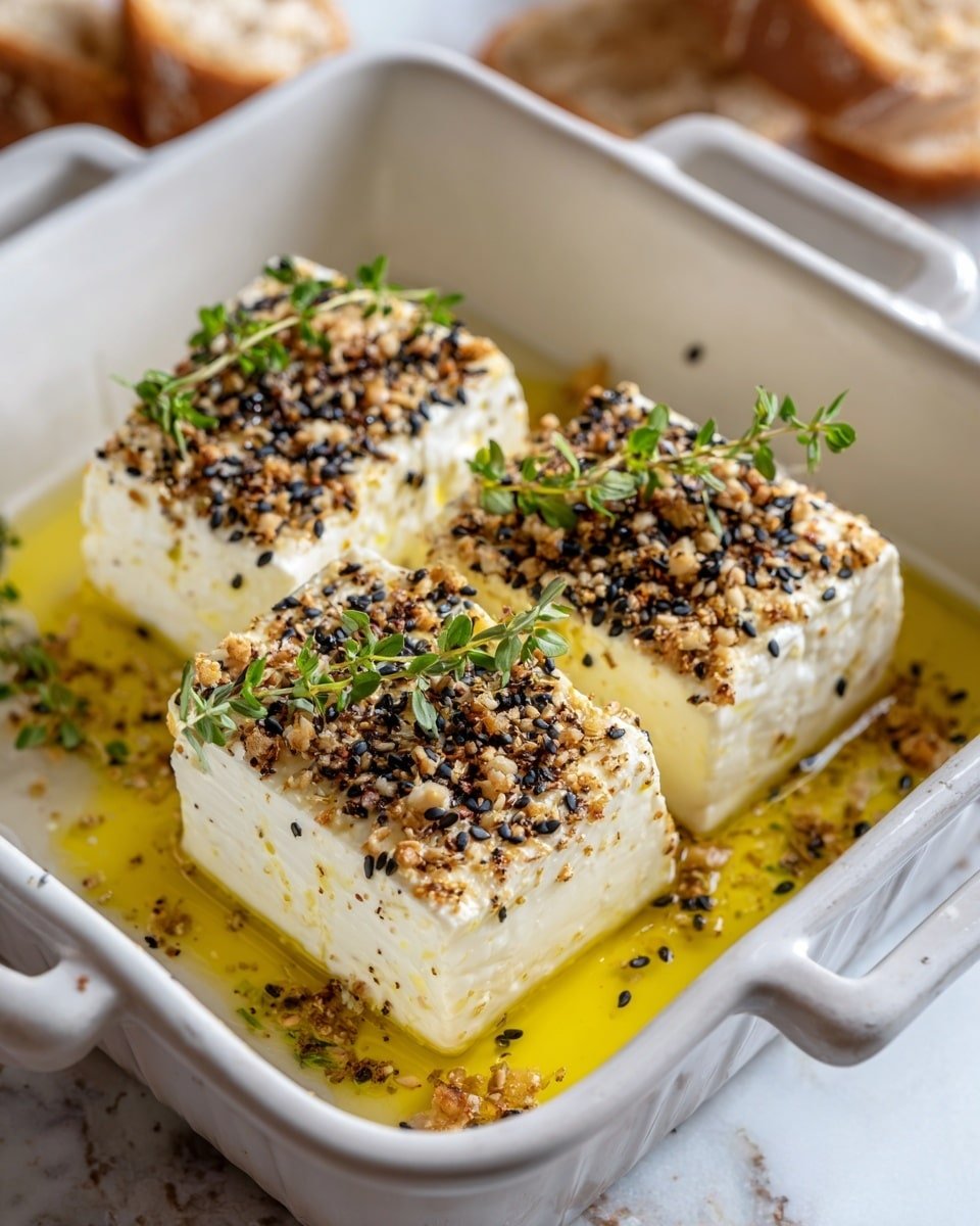 The dish shows a white square ceramic dish filled with soft white cheese that has been baked until it is slightly browned on top in some areas. It is covered with a layer of golden yellow olive oil that pools around the edges and speckled with both black and white sesame seeds that add texture and contrast. On top of the cheese, there is a small green sprig of thyme placed as garnish, adding a fresh touch. In the blurred background, there are slices of bread and fresh herbs on a white marbled surface. Photo taken with an iphone --ar 4:5 --v 7 — Albanian Baked Feta with Honey and Sesame Seeds, baked feta cheese appetizer, honey sesame feta, Mediterranean baked cheese dish, easy feta appetizer