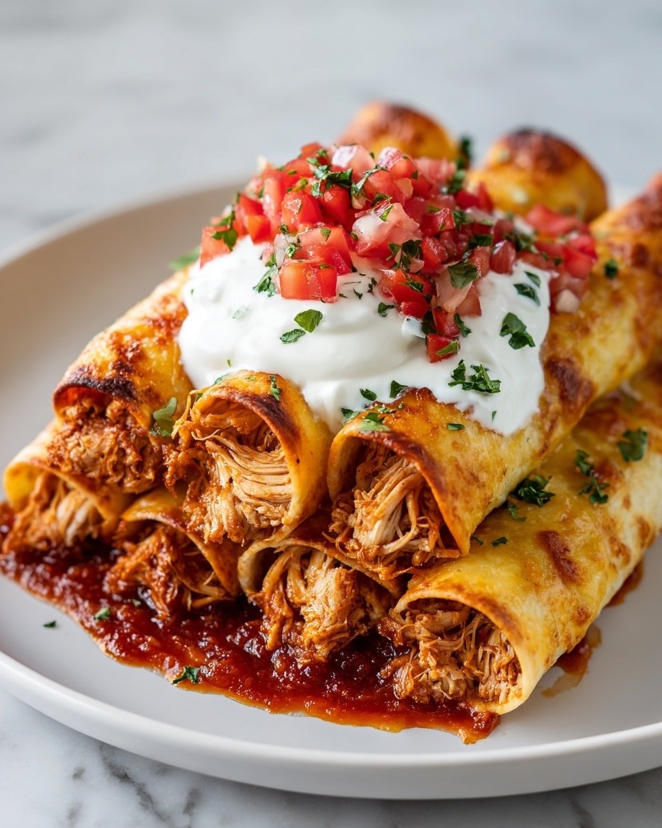 Four rolled enchiladas with a golden brown crispy texture are stacked on a white plate on a white marbled surface. Each enchilada is filled with shredded chicken visible at the open ends, resting on a rich, thick red sauce spread on the plate. On top of the enchiladas is a dollop of smooth white sour cream, crowned with bright red diced tomatoes mixed with chopped green herbs. Small pieces of green herbs are sprinkled over the enchiladas, adding a fresh contrast to the warm colors. The photo taken with an iphone --ar 4:5 --v 7 — Easy Baked Chicken Taquitos, crispy baked chicken taquitos, quick chicken taquitos, healthy baked taquitos, simple taquitos recipe