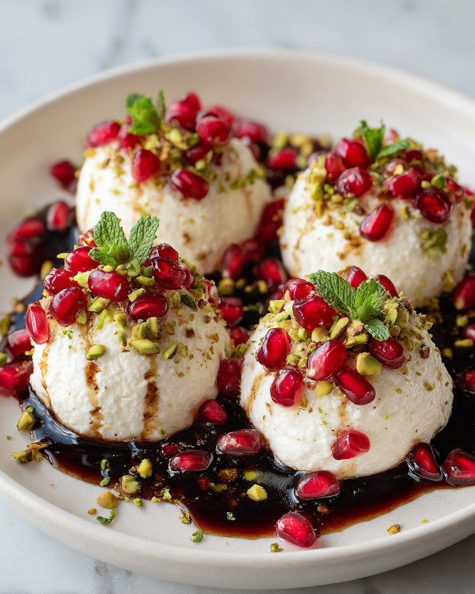The image shows a white plate with four round white cheese balls placed evenly. Each cheese ball is topped with bright red pomegranate seeds, green chopped pistachios, and small fresh green mint leaves. The cheese balls sit in a dark brown sauce that pools around them, with more pomegranate seeds and chopped herbs scattered on the plate. The sauce has a thick texture and is drizzled over the cheese balls in thin lines, giving a rich contrast to the white cheese. The plate is on a white marbled surface. photo taken with an iphone --ar 4:5 --v 7 — Burrata Balls with Pomegranate, Pine Nuts, and Basil, easy appetizer with burrata and pomegranate, fresh garnish recipes, quick party appetizers, simple Italian appetizer