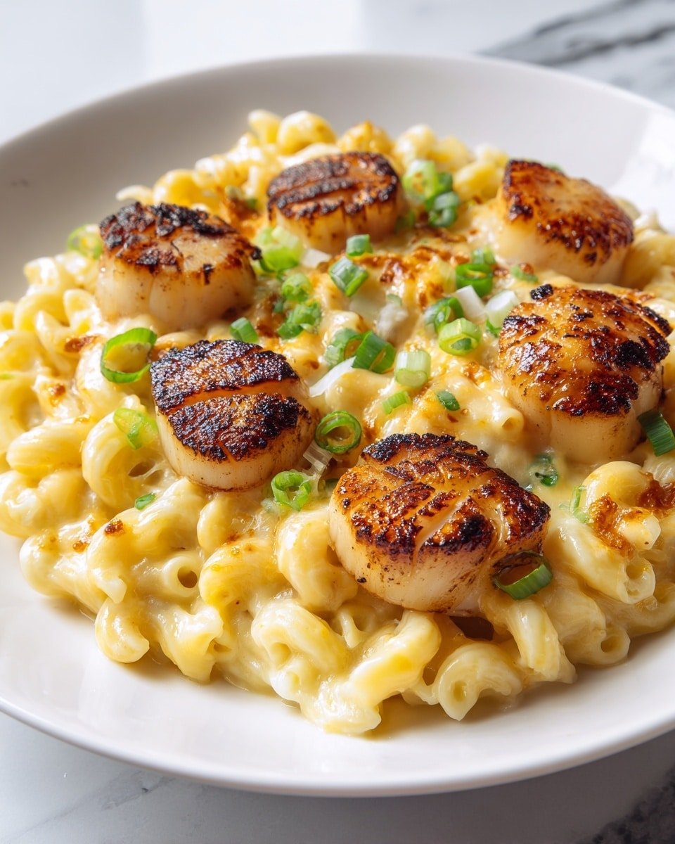 A white plate with a base layer of creamy yellow macaroni pasta covered in melted cheese. On top, there are six golden brown, seared scallops with a crispy, slightly charred surface. Small green chopped onions are scattered over the scallops and macaroni, adding a fresh contrast. The dish is placed on a white marbled surface. photo taken with an iphone --ar 4:5 --v 7 — Crockpot Honey Pepper Chicken Mac and Cheese, slow cooker chicken and cheese casserole, easy chicken mac and cheese recipe, cheesy crockpot pasta dish, flavorful chicken and macaroni dinner