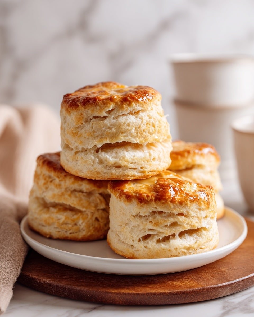 The image shows four golden brown biscuits stacked on a white plate placed on a wooden board. Each biscuit has three visible flaky layers with a slightly crisp and shiny top surface that reflects the light. The biscuits have an airy texture with visible air pockets inside. The background is a soft blur against a white marbled surface, with a beige cloth and out-of-focus white cups in the back. photo taken with an iphone --ar 4:5 --v 7 — Homemade Biscuits, flaky biscuit recipe, buttery biscuits, easy biscuit recipe, breakfast biscuits