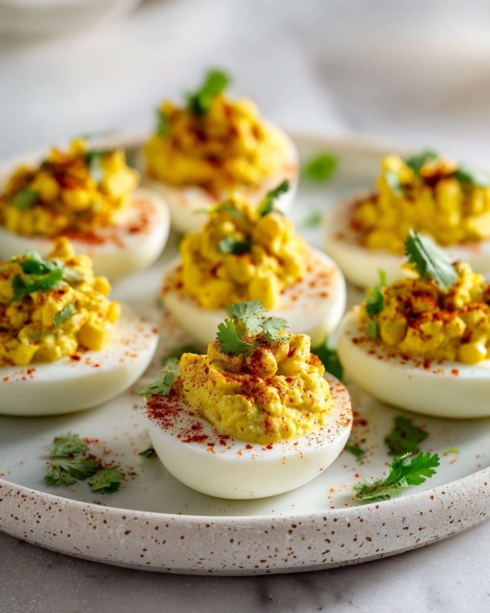 The image shows a white round plate with eight halves of boiled eggs arranged in a circle. Each egg half has a smooth white base topped with a creamy yellow filling mixed with small pieces of corn, giving a slightly chunky texture. The filling is dusted with a light reddish powder and sprinkled with chopped green herbs. The plate sits on a white marbled surface, with scattered corn kernels and herbs around it for decoration. photo taken with an iphone --ar 4:5 --v 7 — Spicy Mexican Deviled Eggs, Mexican Deviled Eggs, Spicy Deviled Eggs, Easy Mexican Appetizer, Party Egg Recipe