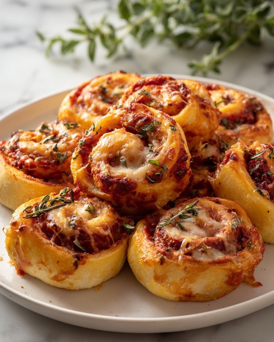 A white plate holds nine round pizza rolls arranged closely in rows. Each roll has a visible spiral pattern with layers of soft, light golden dough holding a mix of melted white cheese, red tomato sauce, and slices of pepperoni inside. The top surfaces of the rolls are slightly browned and sprinkled with small green herb pieces. The background shows blurred greenery and light blue, with the plate resting on a white marbled surface. photo taken with an iphone --ar 4:5 --v 7 — Tortilla Pizza Rolls, easy pizza snack, quick dinner ideas, cheesy roll-ups, kid-friendly party snacks