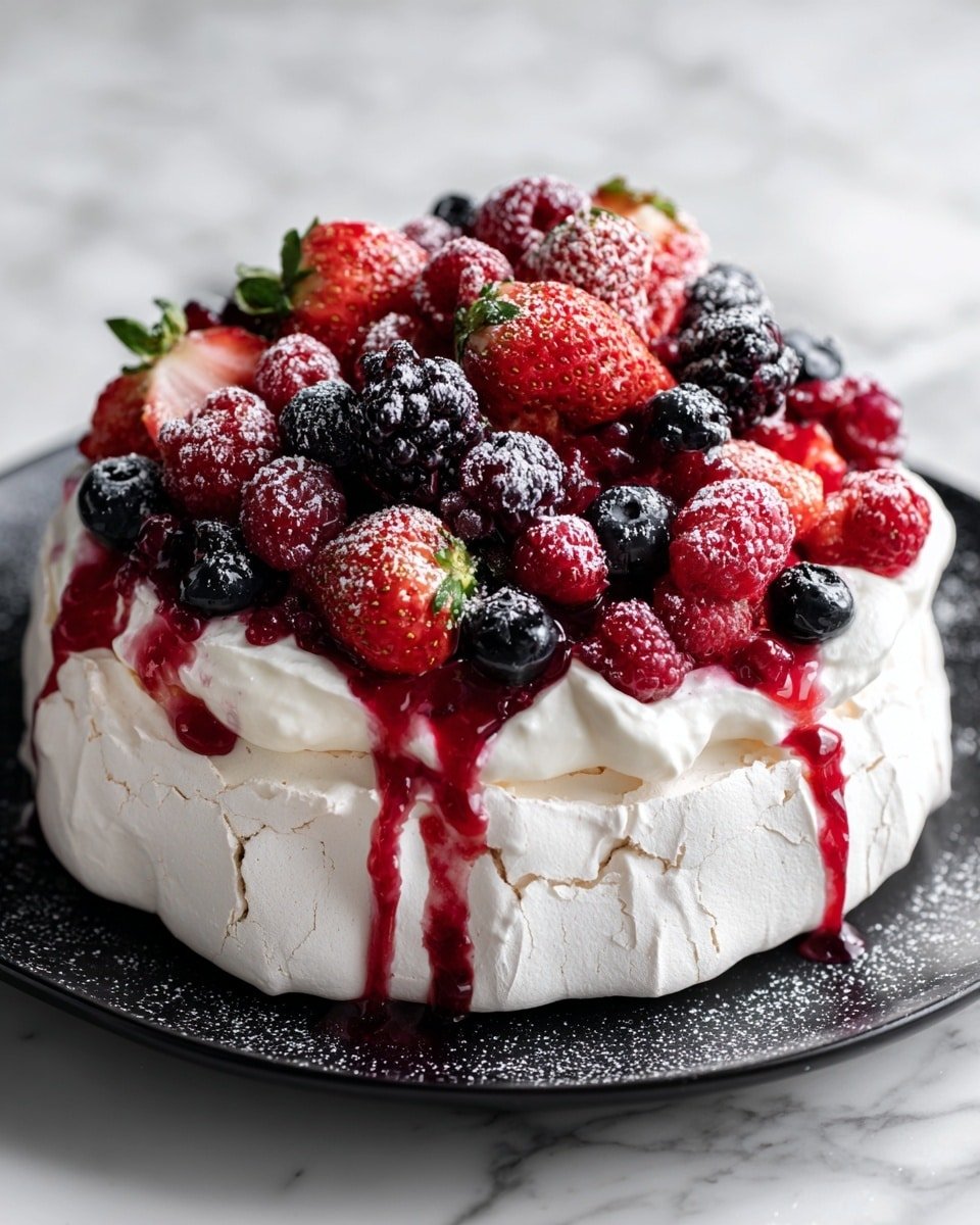 Berry Pavlova Recipe - Recipe Image — Berry Pavlova, easy berry pavlova, fruit pavlova, meringue dessert, elegant summer dessert